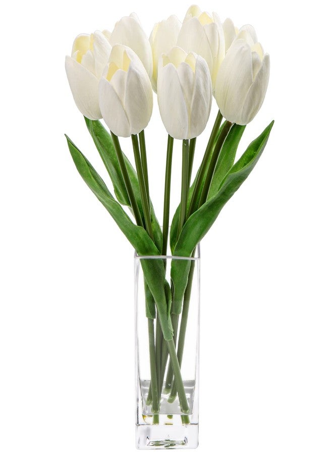 Briful Fake Flowers Artificial Tulip Flower White in Clear Vase, Real Touch Foam Tulip Arrangement Suitable for Home Office Decoration, Dining Table Centerpiece - Image 1